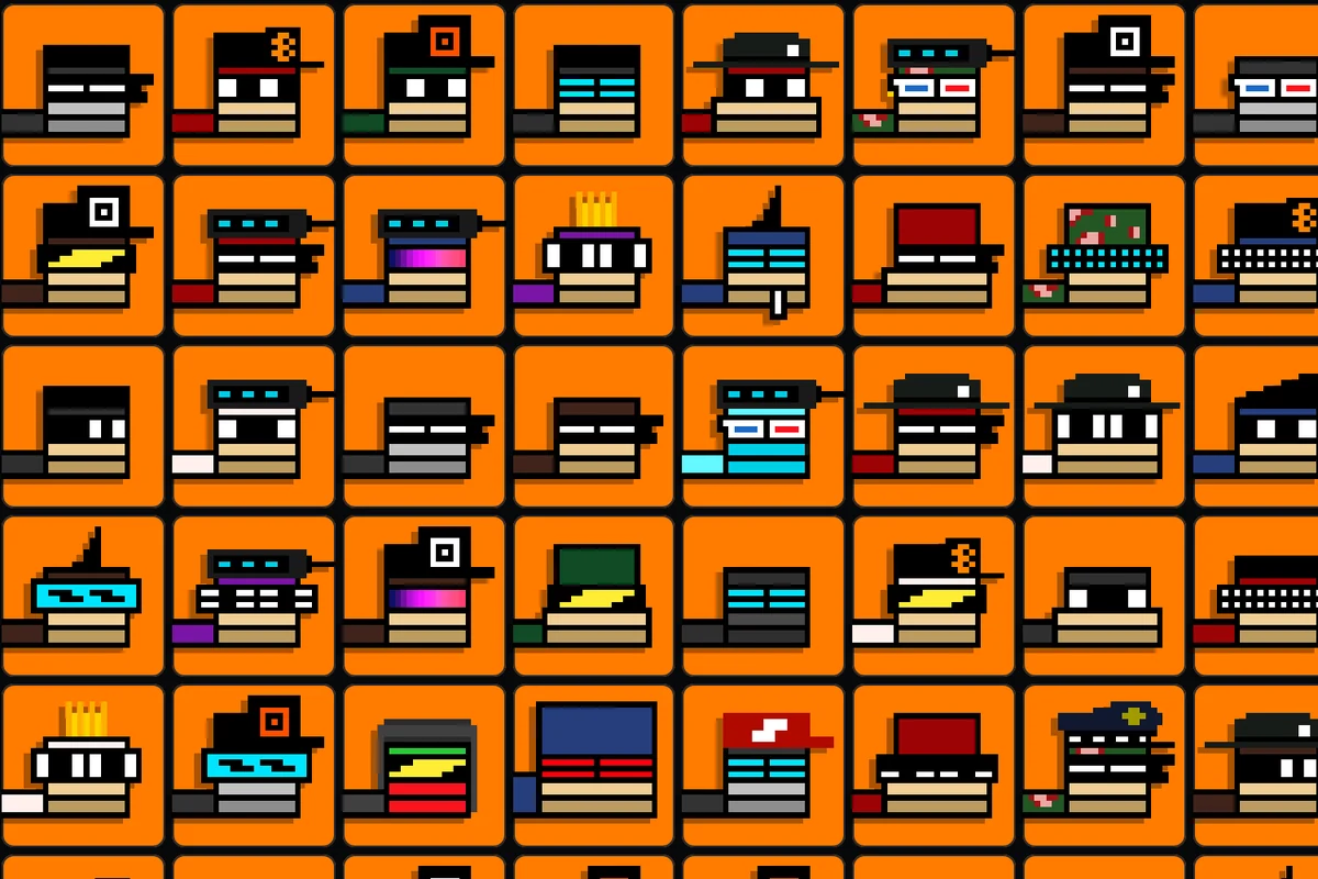 A grid of Simians pixel-art avatars on an orange background